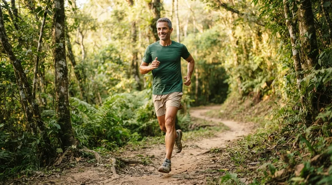 Homem de cerca de 45 anos, magro e atlético, de camiseta verde, corre sorrindo por uma trilha de terra no meio da mata, em luz de manhã.