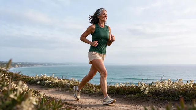 Mulher de cerca de 55 anos, cabelo escuro com fios grisalhos, em forma, de regata verde e short bege, corre sorrindo por uma trilha de terra no alto de uma falésia, com o mar ao fundo, numa manhã fresca.