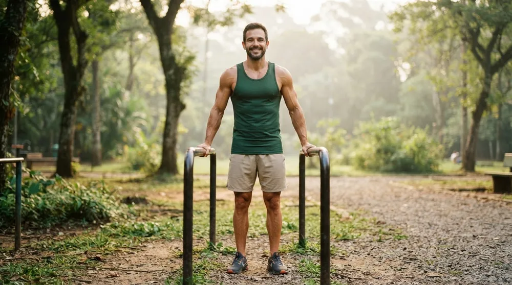 Homem de cerca de 38 anos, com físico natural musculoso e definido, de regata verde, sorri entre as barras paralelas de um parque arborizado.