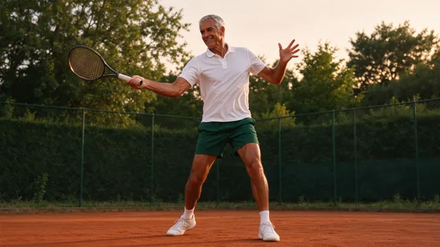 Homem de cerca de 55 anos, cabelo grisalho, magro e atlético, de camisa polo branca e short verde, joga tênis sorrindo, raquete em movimento, em uma quadra de saibro, ao entardecer.