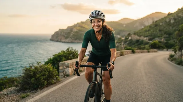 Mulher de cerca de 45 anos, de capacete e camisa verde de ciclismo, pedala sorrindo uma bicicleta de estrada em uma rodovia à beira-mar, ao entardecer.