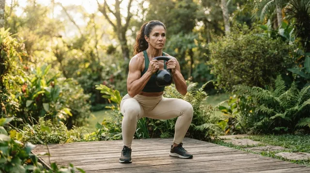Mulher de cerca de 50 anos, com braços e pernas musculosos, faz agachamento segurando um kettlebell pesado em um deck de madeira num jardim.