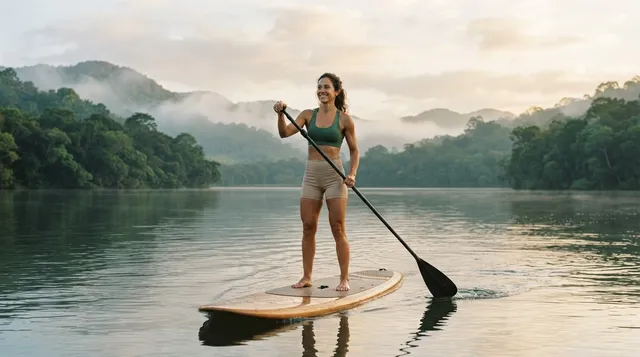 Mulher de cerca de 40 anos, magra e atlética, rema de pé em uma prancha de stand-up paddle num lago calmo cercado de mata e neblina.