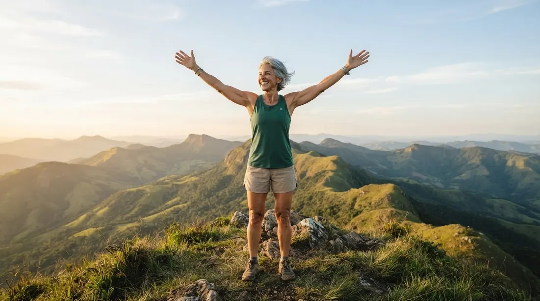 Mulher de cerca de 50 anos, cabelo grisalho curto e regata verde, comemora de braços abertos no cume de uma montanha, ao entardecer.