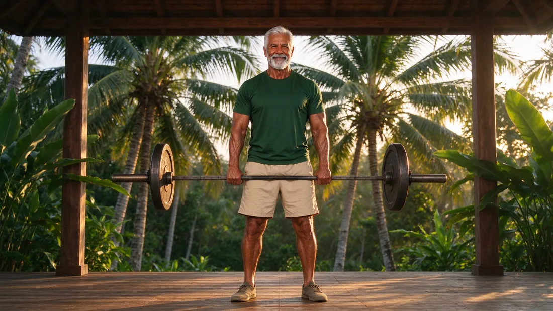 Homem de cerca de 60 anos, cabelo e barba grisalhos, forte e em forma, de camiseta verde, segura uma barra com anilhas na altura do quadril, em pé, em uma academia ao ar livre cercada de palmeiras.
