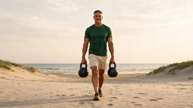 Homem de quase 50 anos, cabelo grisalho nas têmporas, magro e musculoso, de camiseta verde, caminha sorrindo pela areia da praia carregando um kettlebell pesado em cada mão.